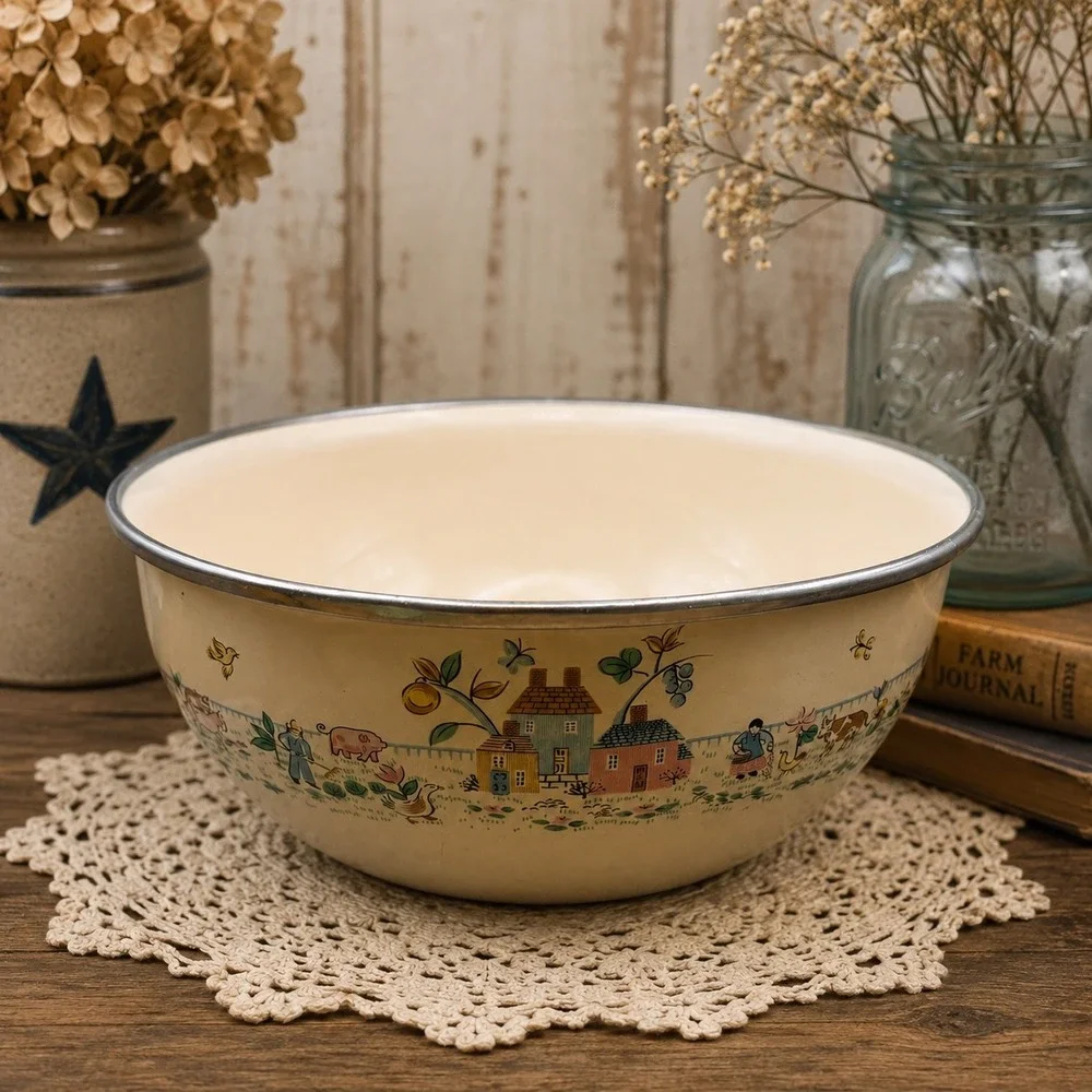 Vintage Enamelware Farm Folk Art Mixing Metal Bowl Cream Farmhouse Decor 7.5 In